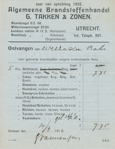 712118 Nota van G. Takken & Zonen, Algemeene Brandstoffenhandel, Weerdsingel O.Z. 68, Wittevrouwensingel 25-26); ...